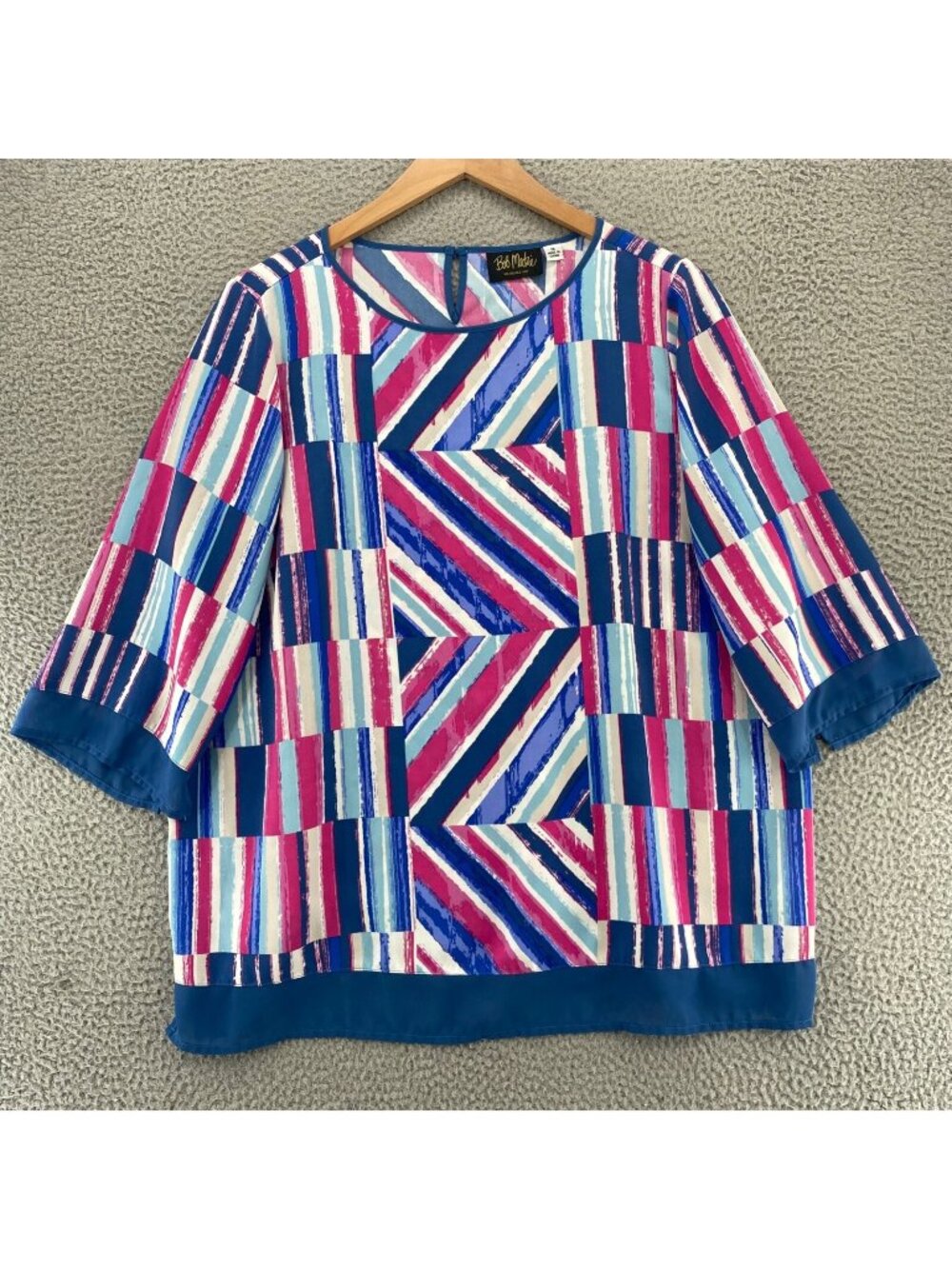 Bob Mackie Top Womens 1X Plus Blue Striped Wearable Art 3/4 Sleeve Tunic Blouse